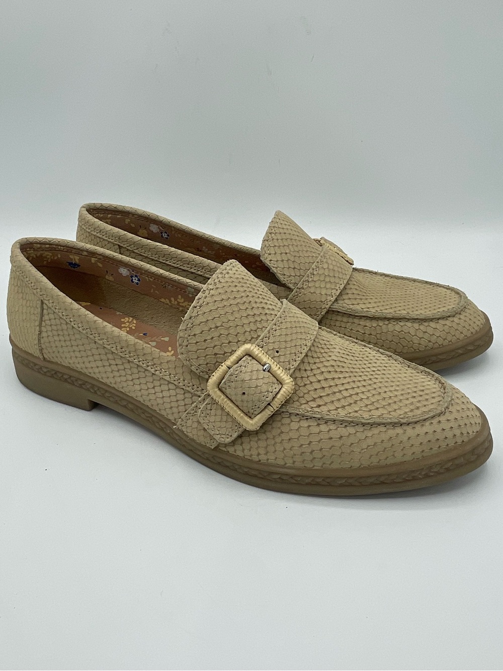 Lucky Brand Ryder’s Snake Embossed Leather Beige Textured Buckle Loafers